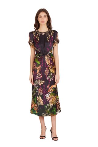 SALONI Fleur Dress in Aquarelle featuring a multicolor floral print, short flutter sleeves, defined waist, and midi-length skirt.