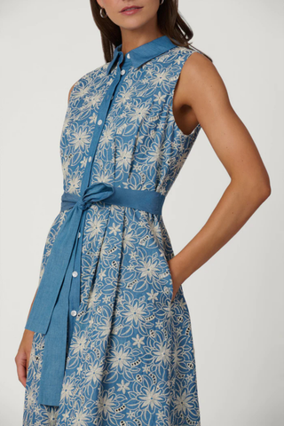Shoshanna Kendra dress in chambray and ivory with sleeveless midi silhouette