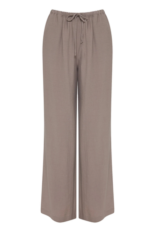 Taupe wide leg drawstring pants in a lightweight linen blend by Nude Lucy