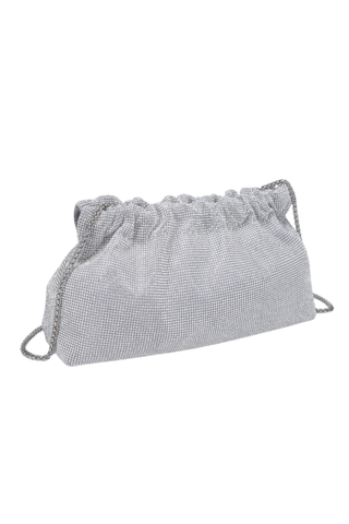 Urban Expressions Hazel Clutch in Silver featuring all-over rhinestones, a softly ruched silhouette, snap-frame closure, and detachable chain strap.