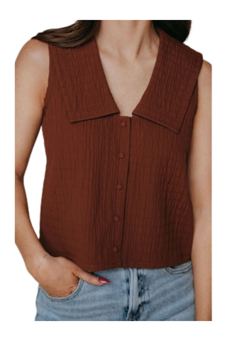 LaRoque Lynn Top in Brown Textured Fabric featuring a sleeveless silhouette, V-neckline, button front, wide collar, and rich brown textured finish.