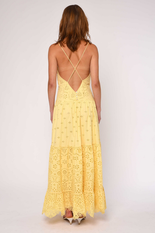 Love the Label Yvonne Dress Sunlight yellow maxi dress with embroidered eyelet, spaghetti straps, and tiered scalloped hem