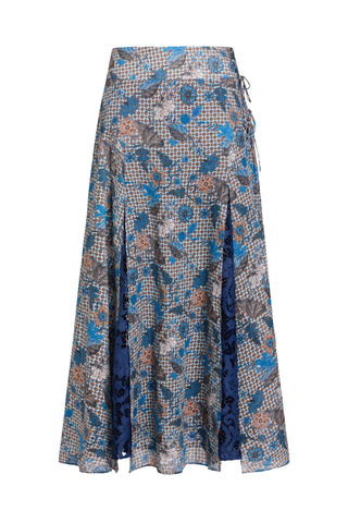 Gracen Skirt in Aegean featuring a blue and brown printed maxi silhouette with lace panel detailing and a flowing hem.
