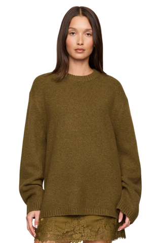 Z Supply Chill Mode Sweater in Golden Sage featuring a relaxed crewneck silhouette, dropped shoulders, and soft fluffy knit.