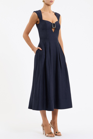 Rebecca Vallance Serenity Midi Dress in navy with sweetheart neckline, front cut out, cap sleeves, and full midi skirt
