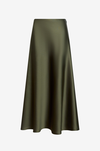 Tanya Taylor Beth Skirt in Fern olive green satin crepe with a flowing bias-cut A-line midi silhouette.