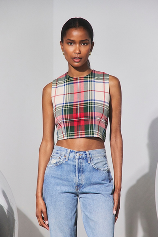 Hunter Bell Royce Top in Kensington Plaid Crimson featuring a cropped sleeveless silhouette, multicolor plaid pattern, and velvet bow details at the back.