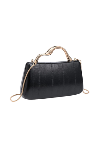 Rue Aveline Nichelle Clutch in Black featuring a textured structured exterior, sculptural gold-tone top handle, and removable chain strap.