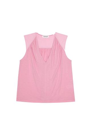 Model wearing the Nation LTD Selma V-Neck Tank in Lilac featuring a relaxed silhouette, flattering V-neckline, and lightweight slub Pima cotton knit.