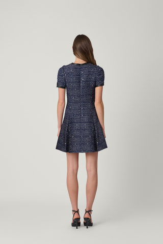 Shoshanna Alex Dress in navy and silver featuring a metallic finish, short sleeves, fitted bodice, and flared mini skirt.