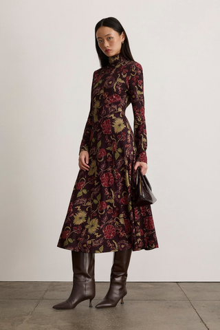 Tanya Taylor Thea Dress in Dark Fig Multi featuring a long-sleeve floral maxi silhouette in rich burgundy, green, and pink tones.