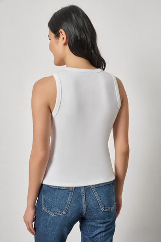 Lilla P V-Neck Tank in White featuring a feminine V-neckline and close-to-the-body opaque ribbed cotton fit.