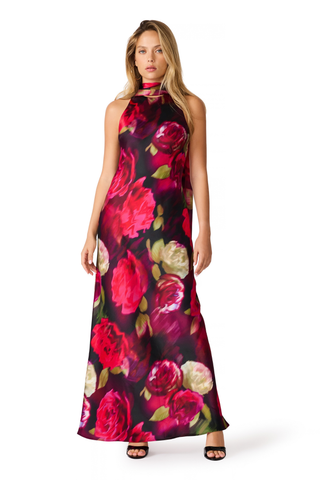 Steve Madden Jaiden Dress in Deco Rose featuring a pink and red floral satin print, halter scarf neckline, cutaway shoulders, and maxi silhouette.