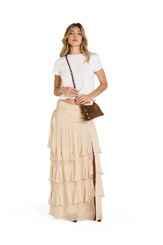 Hammitt Kyle Handbag in Cinnamon Suede with antique gold hardware and brown leather trim, featuring convertible wristlet, shoulder, and crossbody styling.