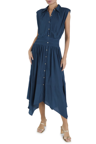 Ramy Brook Kiki Dress in Dark Teal featuring a sleeveless collared bodice, button front, defined waist, and flowing asymmetrical midi skirt.
