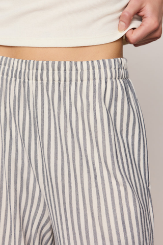 Model wearing the Z Supply Scout Knit Striped Pant in Eclipse featuring a high-rise waist, wide-leg silhouette, and striped knit fabric.
