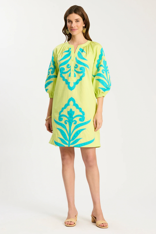 Tyler Böe Sara applique dress in lime green with textured detailing and relaxed silhouette