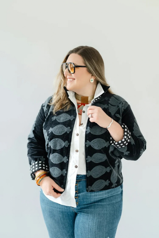 Eleanor James Brand Sgt. Pepper Crew Jacket in Black Betty featuring black velvet with tonal charcoal Suzani embroidery.