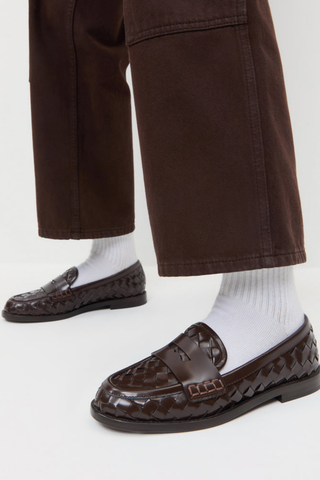 Loeffler Randall Rachel Woven Loafer in espresso brown woven Italian leather with a round toe and low stacked heel.