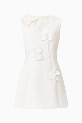 Model wearing the Elliatt Reina Mini Dress in White featuring a sleeveless silhouette, intricate 3D floral appliqué, and a structured A-line mini dress.