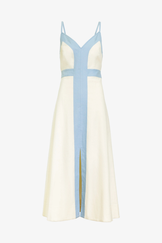 Madden Dress cream midi dress with powder blue panel detail and thin straps from Tanya Taylor