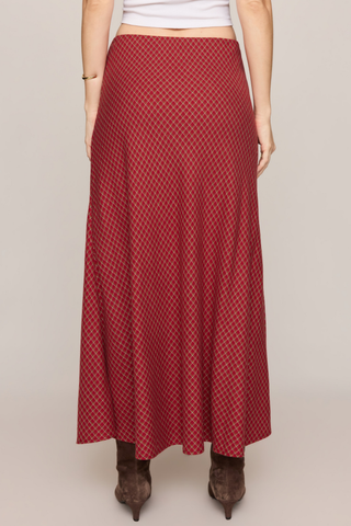 Z Supply Crestview Plaid Skirt in Red Dahlia featuring a bias-cut midi silhouette, soft plaid fabric, and elastic waistband.