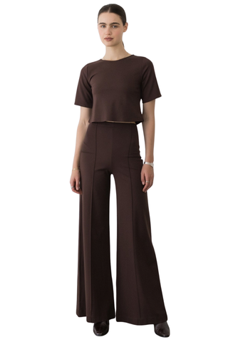 Ripley Rader Wide Leg Pant in Chocolate featuring a high-rise waist, rich brown ponte knit, and long flowing wide-leg silhouette.