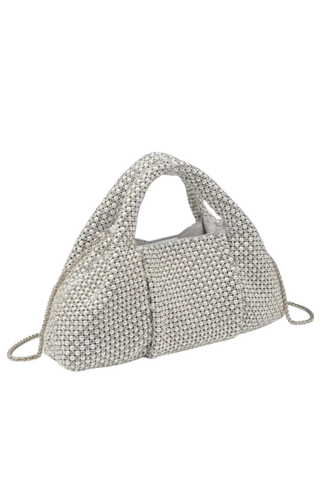 Rue Aveline Renata pearl silver evening bag with rhinestones top handle and chain strap