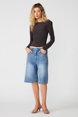 Steve Madden Seline Knit Top in Dark Espresso, a fitted dark brown long-sleeve top with a scoop neckline.