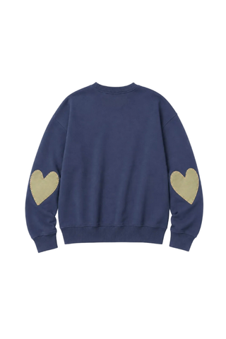 Kerri Rosenthal Ex-Boyfriend Sweatshirt in indigo blue featuring contrast heart elbow patches and a relaxed cotton fleece silhouette.