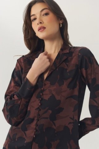 Hutch Cain Top in Brown and Black featuring an allover floral print, draped neckline, and relaxed long-sleeve silhouette.