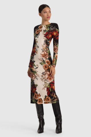 Alice + Olivia Delora Midi Dress in Floral Radiance featuring a multicolor floral print, long sleeves, and fitted midi silhouette.