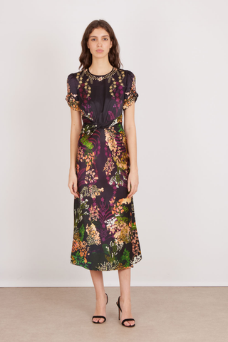SALONI Fleur Dress in Aquarelle featuring a multicolor floral print, short flutter sleeves, defined waist, and midi-length skirt.
