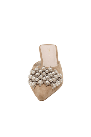 Cecelia New York Joice Pearl Heel in Sand with suede pointed toe, pearl and crystal embellishments, open mule back, and sculptural heel.