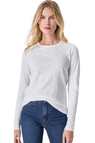 Lilla P Long Sleeve Crewneck in White featuring a relaxed slub cotton silhouette with long sleeves and a classic crew neckline.