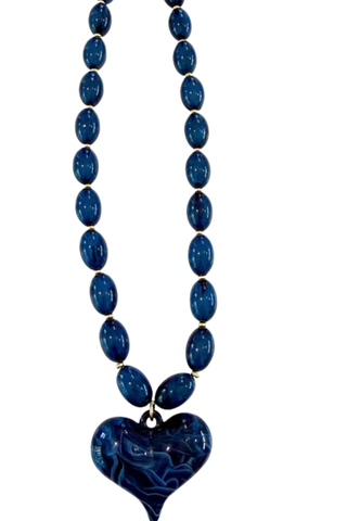 Gemelli Roxie Beaded Necklace in Navy with glossy navy beads and oversized heart pendant.