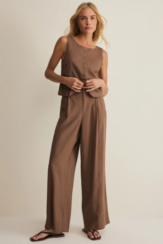 Z Supply Roman Linen Vest in Palo Santo featuring a sleeveless silhouette, button-front detail, and lightweight washed linen blend fabric