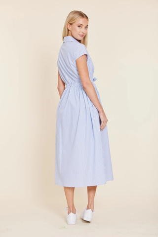 Poplin Belted Shirt Midi Dress, Blue Stripe