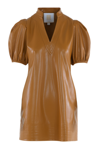 Emily McCarthy Hampton Mini Dress in Pecan, a brown vegan leather mini dress with short puff sleeves, a collared neckline, and defined waist.
