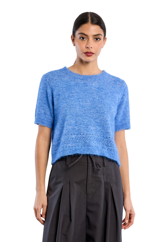 Molly Bracken Knitted Sweater in bright blue with short sleeves, crew neckline, and relaxed fit.