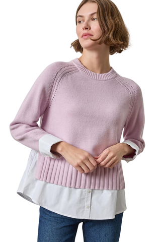 Lilla P Mixed Media Crewneck Sweater in Sugarplum pink featuring a relaxed knit silhouette with layered white poplin shirting.