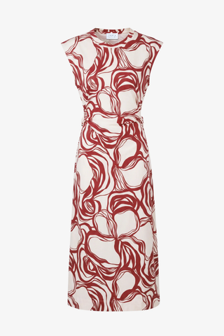 Red and white floral patterned dress on a white background