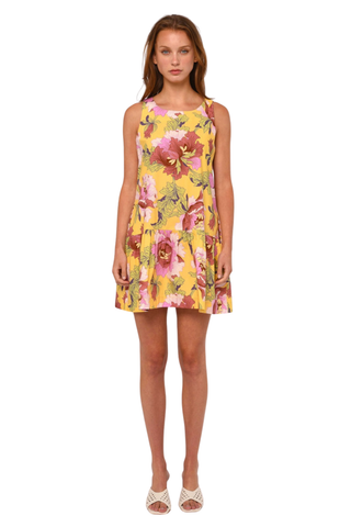 Love the Label Jasmyn Mini Dress Modern Dandy Liberty Print yellow floral sleeveless mini dress with drop waist and flounced hem