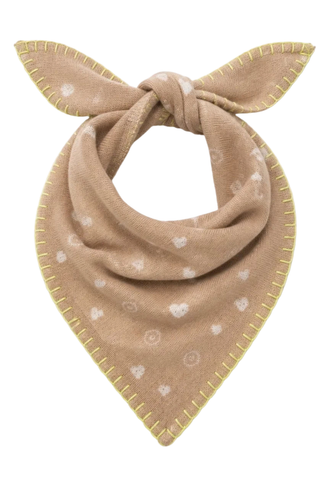 Kerri Rosenthal Cashmere Bandana in Camel featuring soft neutral featherweight cashmere with Imperfect Hearts artwork and fringe edging.