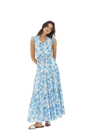 Teigan Skirt white and blue chinoiserie tiered maxi skirt with ruffle details from Hutch