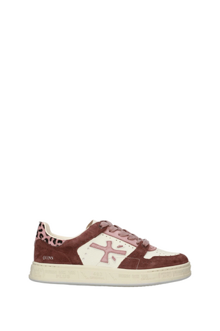 Premiata Quinn-D 8645 Sneaker in pink, white and burgundy with mixed leather panels and a rubber sole.
