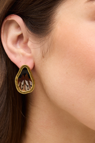 Brackish Keegan Stud Earrings featuring layered neutral pheasant, quail, and turkey feathers framed in softly hammered 18k gold plating.