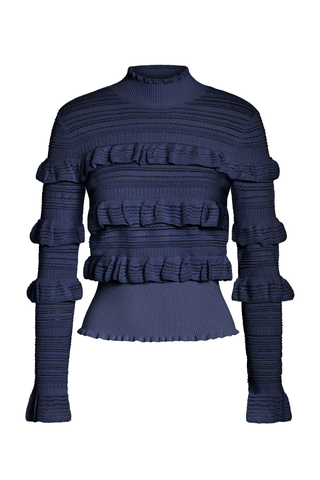 Adeline Top in Navy featuring a fitted mockneck silhouette with dimensional ruffle detailing across the body and long sleeves.