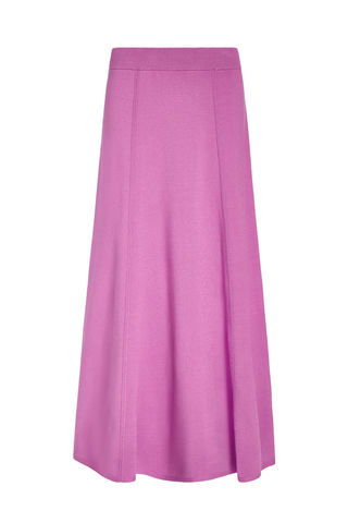 Jemma Skirt in Iris featuring a purple structured knit, fitted waistband, and fluid fit-and-flare silhouette.