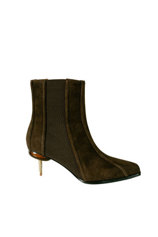 4CCCCEES Osha Corsa Bootie in Chocolate, a dark brown pointed toe ankle boot with a slim heel and side zip.
